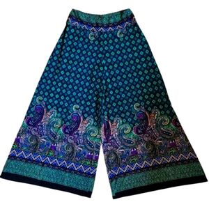 LG MSK Wide Leg Boho Palazzo Pants Green Blue Paisley Print